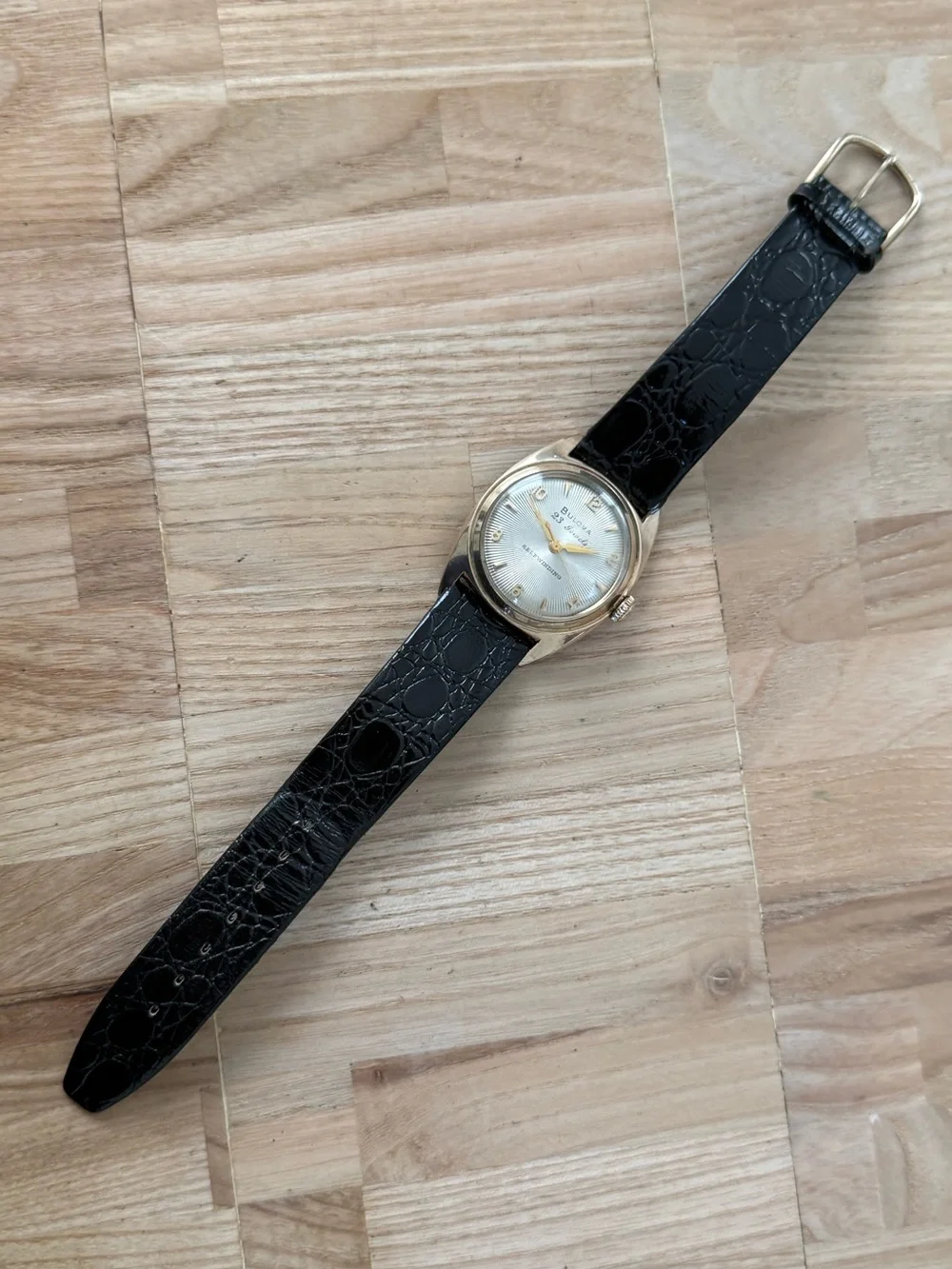 Bulova Rare 1954 23 Jewels Sunburst Dial Self-Winding Watch Gold Case Leather